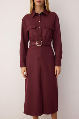 Bordo Kemerli Cep Detayl? Premium Kumas Midi Dokuma Elbise TWOAW26EL00118 - Trendyolmilla фото 3
