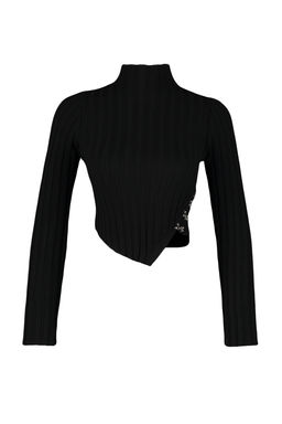 Siyah Merserize Gorunumlu Super Crop Dik Yaka Triko Body Kazak TWOAW24KZ00264 - Trendyolmilla фото 7