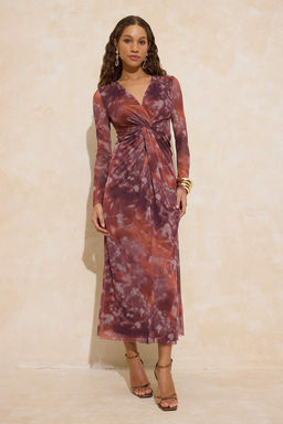 Cok Renkli Soyut Cicek Desenli Astarl? Tul Maxi Elbise TPRSS26EL00017