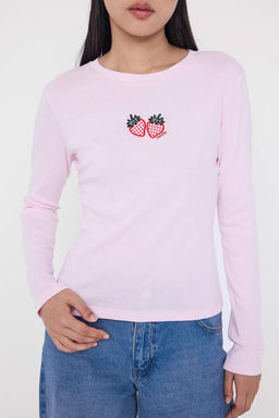 Ac?k Pembe Bask?l? Fitted/Vucuda Oturan Orme Bluz TWOAW25BZ00126