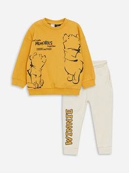 Bisiklet Yaka Uzun Kollu Winnie the Pooh Bask?l? Erkek Bebek Sweatshirt ve Pantolon 2li Tak?m