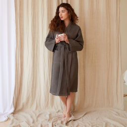 Халат вафельный женский удлинённый Этель «Boho» размер 50-52, цвет светло-серый, 100% хлопок, 290 г/м²