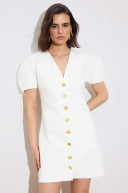 Ekru Dugme Detayl? K?sa / Mini Dokuma Elbise TWOSS26EL00192