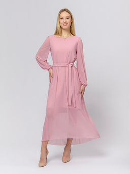 Платье розового цвета длины макси с объемными рукавами и вырезом на спинке
