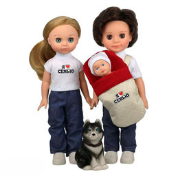 Набор кукол "Семья": Эля, Данил, Андрюшка, собака хаски (В4555, Весна)