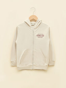 Kap??onlu Bask?l? Uzun Kollu Erkek ?ocuk Fermuarl? Sweatshirt