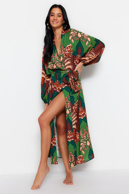 Tropikal Desenli Kusakl? Maxi Dokuma %100 Pamuklu Plaj Kimono&Kaftan TBESS23KM00057