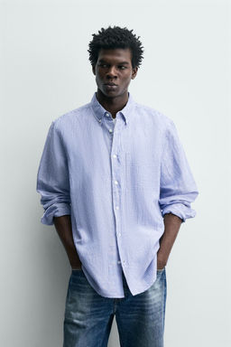 CAMISA REGULAR FIT LINO - ALGOD?N / Blanco / Celeste - Zara фото 2