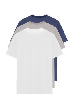 Gri-Ekru-Indigo Slim/Dar Kesim Bisiklet Yaka Basic %100 Pamuklu 3lu Paket T-Shirt TMNSS19BO0007