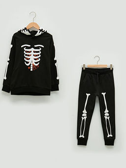 Kap??onlu Bask?l? Uzun Kollu Erkek ?ocuk Sweatshirt ve E?ofman Alt?