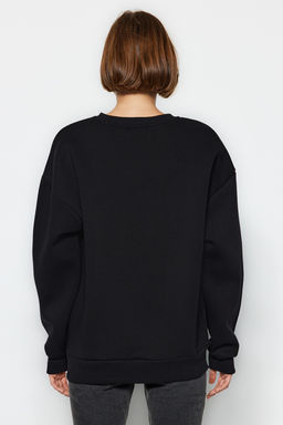 Siyah Oversize/Bol Kesim Bisiklet Yaka Kal?n/Ici polarl? Orme Sweatshirt TWOAW24SW00102