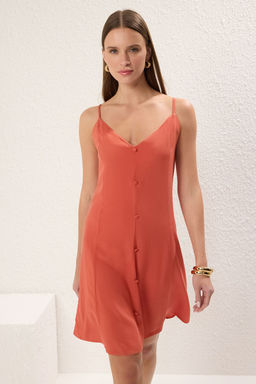 Kiremit Duz Kesim Dugmeli Mini Dokuma Elbise TWOSS25EL00292