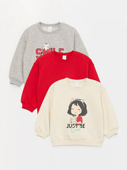Bisiklet Yaka Bask?l? K?z Bebek Sweatshirt 3l?