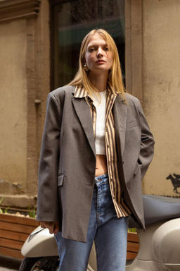 Gri Uzun Oversize Dokuma Blazer Ceket TWOAW26CE00084 - Trendyolmilla фото 3