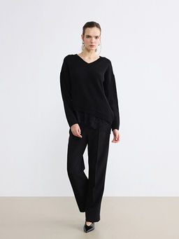 V Yaka Dantel Detayl? Kad?n Triko Kazak