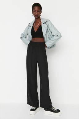 Siyah Wide Leg/Genis Paca Beli Lastikli Dokuma Pantolon TWOSS22PL00024