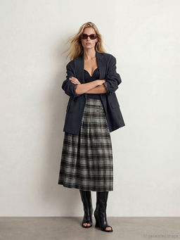 Y?ksek Bel Ekose Pileli Etek