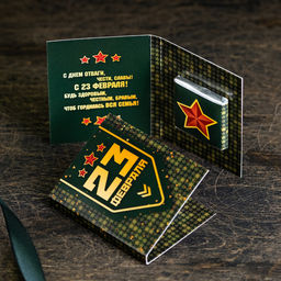 Цена за 2 шт Мини-открытка "23 февраля (золотая надпись на зеленом)"