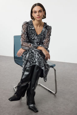 Siyah Animal Kemerli Midi Dokuma Elbise TWOAW25EL00341 - Trendyolmilla фото 2