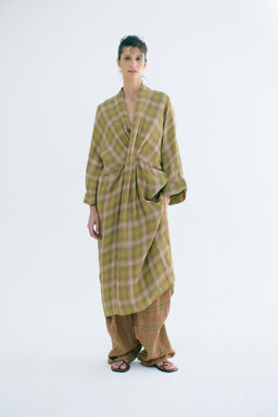 VESTIDO LINO CUADROS ZW COLLECTION / Verde