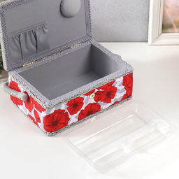 Шкатулка для рукоделия и шитья Красные маки на белом, хранение ниток, иголок, мелочи, 24?16?11 см