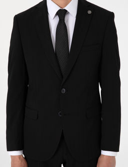 Siyah Slim Fit _izgili Tak_m Elbise