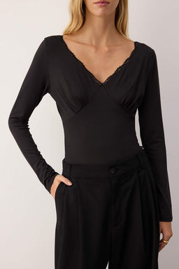 Siyah V Yaka Dantel Detayl? C?tc?tl? Esnek Orme Body TWOAW26BD00013 - Trendyolmilla фото 3