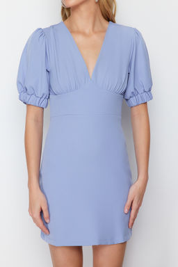 Mavi A Kesim S?rt Datayl? Balon Kollu Mini Dokuma Elbise TWOSS24EL00652