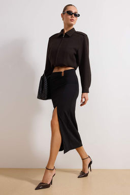 TRENDYOLMILLA Siyah Krep Tokal? Y?rtmac detayl? Maxi Yuksek Bel Esnek Orme Etek TWOAW24ET00054  фото 10