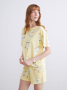 Bisiklet Yaka Bask?l? Kad?n ?ortlu Pijama Tak?m?