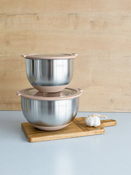 Набор мисок с крышкой 1,5л/3л бежевый нержавеющая сталь, силикон, пластик / stainless st