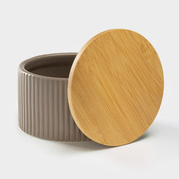 Банка для сыпучих «Дымка», 570 мл, 12×7.5 см, с бамбуковой крышкой, керамика, бежевая