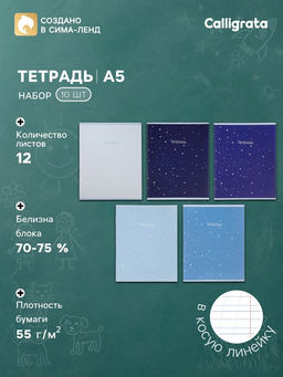 Тетрадь 10 штук, 12 листов в косую линейку Calligrata «Монохром», серые листы, блок №2, 5 видов