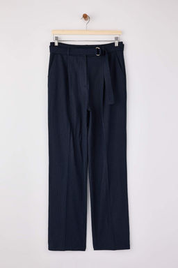 Lacivert Kemerli Kendinden Cizgili Dokuma Wideleg/Genis Paca Pantolon TWOSS26PL00007