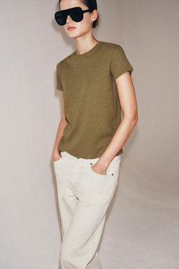 CAMISETA CON LINO MANGA CORTA / Oliva oscuro - Zara фото 2