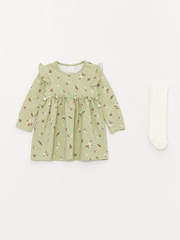 Bisiklet Yaka Uzun Kollu Bask?l? K?z Bebek Elbise ve K?lotlu ?orap 2li Tak?m