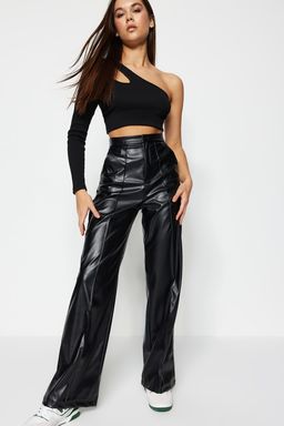 TRENDYOLMILLA Siyah Suni Deri Wide Leg/Genis Paca Nervurlu Yuksek Bel Pantolon TWOSS23PL00131