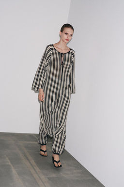 STRIPED CUFFED HEM LINEN BLEND TROUSERS - Zara фото 5