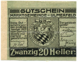 20 геллеров 1920 года Австрия Ульмерфельд (нотгельд)