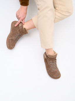 Кеды босоногие женские демисезонные 211.NATAbr.Серо-коричневая замша/Байка