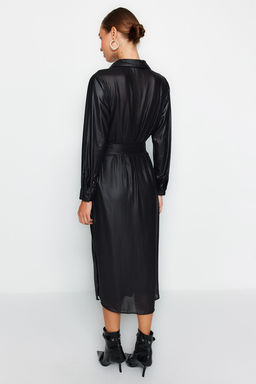 Trendyolmilla Siyah Kemerli Maxi Dokuma K?sl?k Gomlek Elbise TWOAW24EL00325  фото 7