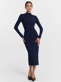 Облегающее платье миди в рубчик синего цвета