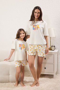 Ekru K?z Cocuk %100 Pamuk Slogan Bask?l? K?sa Kol Mini Me/Anne-K?z Orme Pijama Tak?m? TKDSS2500026