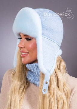 Шапка Ушанка норка трикотаж голубая