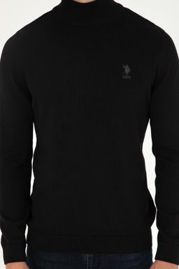 Erkek Slim Fit Yar_m Bo_azl_ Siyah Basic Kazak