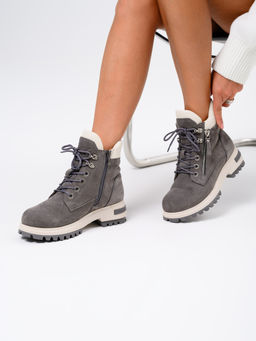 Ботинки 261.uno9gr.Серый замок замша+бежевый/байка