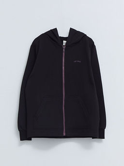 Kap??onlu Bask?l? Uzun Kollu Erkek ?ocuk Fermuarl? Sweatshirt