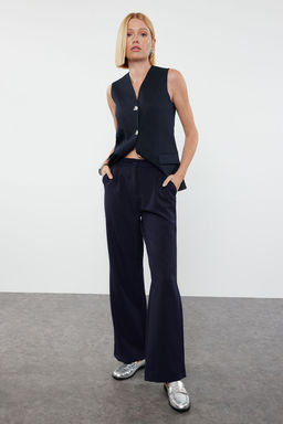 Koyu Lacivert Yuksek Bel Wide Leg/Genis Paca Pilili Dokuma Kumas Pantolon TWOAW21PL0076