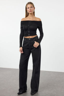 Siyah Buzgu/Drape Detayl? Dugme Detayl? Carmen Yaka Crop Orme Bluz TWOAW25BZ00240 - Trendyolmilla фото 2