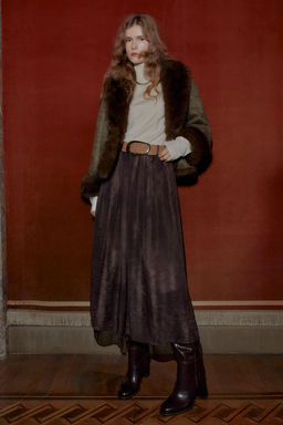 BLURRED PRINT MIDI SKIRT WITH BELT